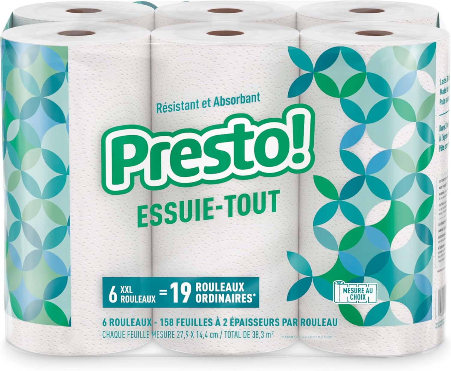 Amazon Brand - Presto! Flex-a-Size Paper Towels, 158 Sheet Huge Roll, 12 Rolls (2 Packs of 6), Equivalent to 38 Regular Rolls, White