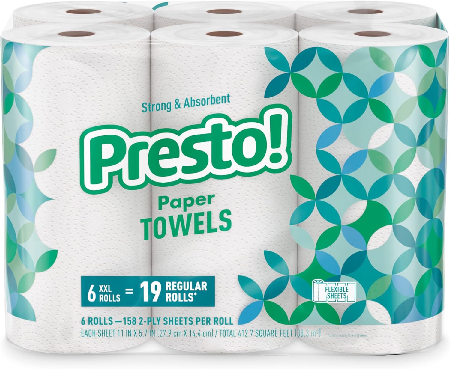 Amazon Brand - Presto! Flex-a-Size Paper Towels, 158 Sheet Huge Roll, 12 Rolls (2 Packs of 6), Equivalent to 38 Regular Rolls, White