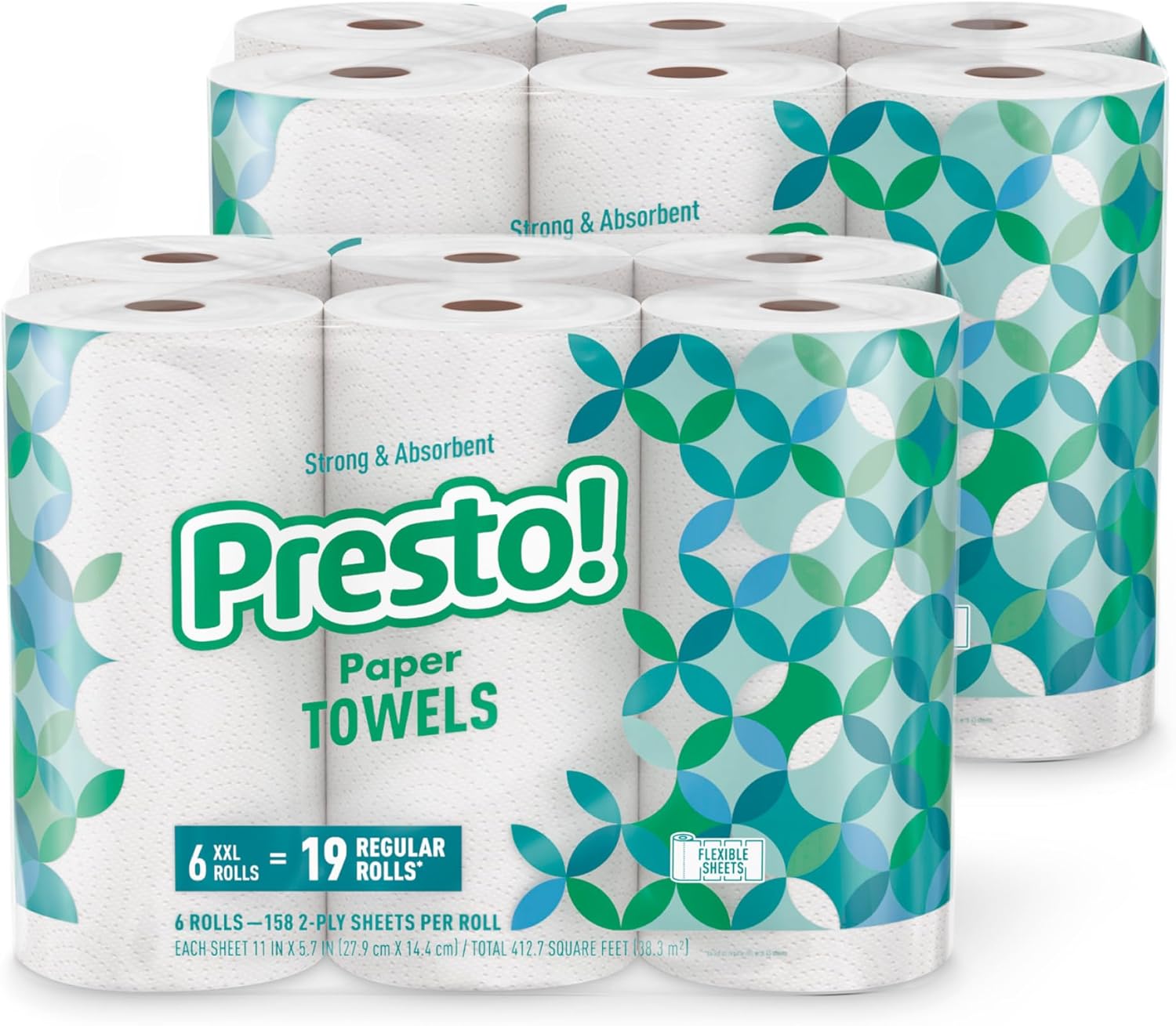 Amazon Brand - Presto! Flex-a-Size Paper Towels, 158 Sheet Huge Roll, 12 Rolls (2 Packs of 6), Equivalent to 38 Regular Rolls, White